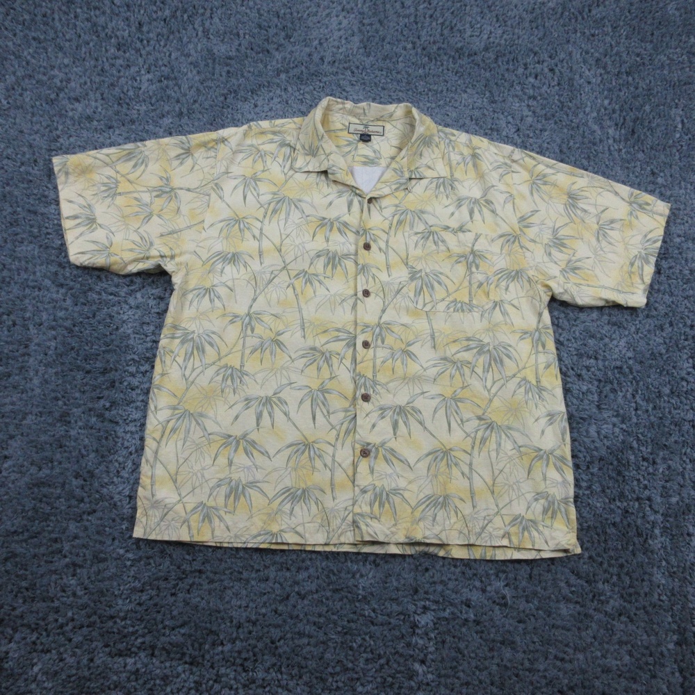 Tommy Bahama Shirt Mens XL Yellow Silk Bamboo Print Button Up Hawaiian Camp